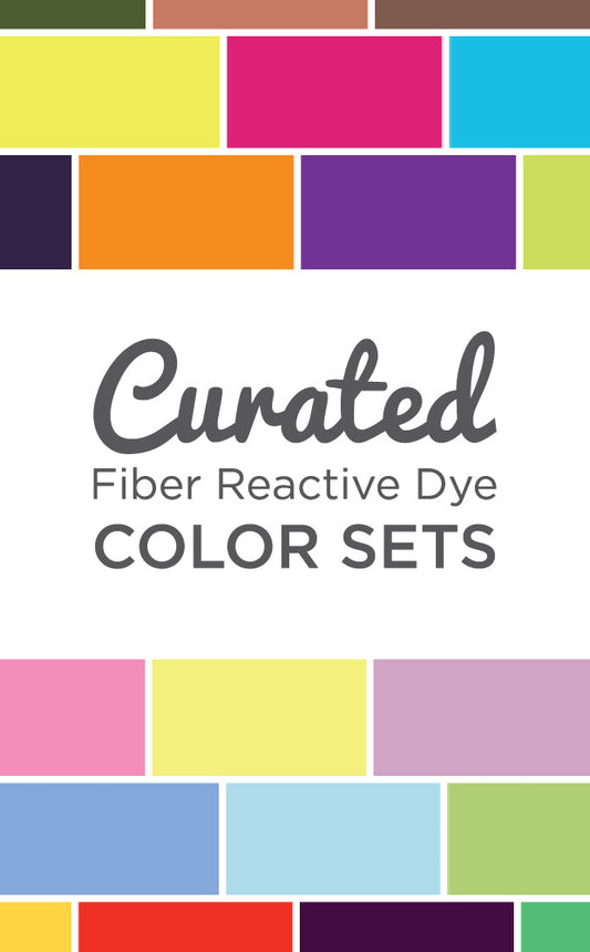Colorful blocks with text reading 'Curated Fiber Reactive Dye Color Sets' on a white background