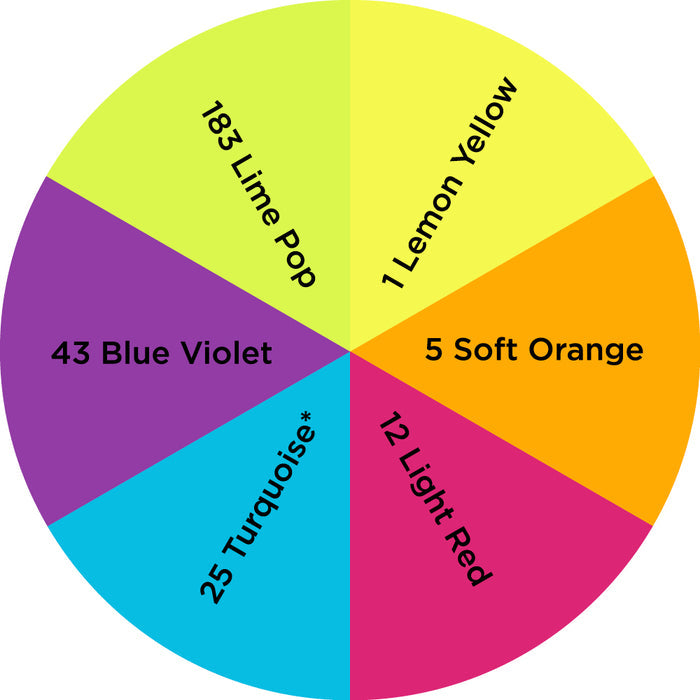 Palette / Neon (6 Colors): 1 Lemon Yellow - 5 Soft Orange - 12 Light Red - 25 Turquoise* - 43 Blue Violet - 183 Lime Pop