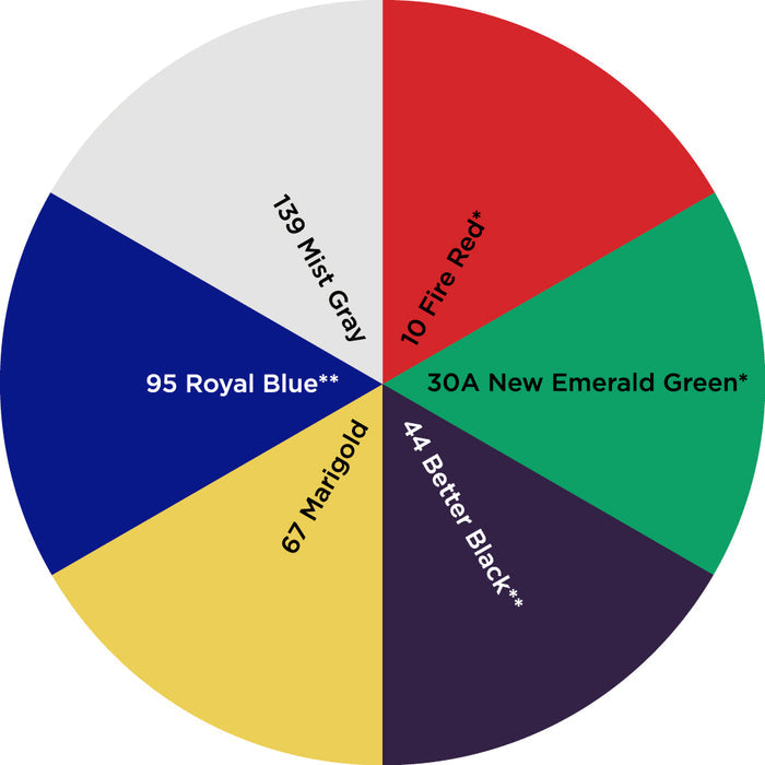 Palette / Winter Holidays (6 Colors): 10 Fire Red* - 30A New Emerald Green* - 44 Better Black** - 67 Marigold - 95 Royal Blue** - 139 Mist Gray