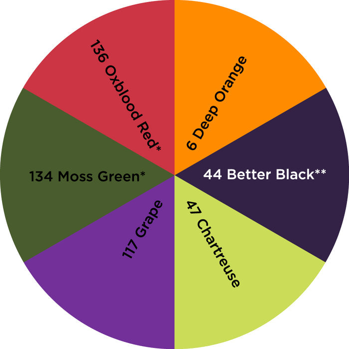 Palette / Large Halloween (6 Colors): 6 Deep Orange - 44 Better Black** - 47 Chartreuse - 117 Grape - 134 Moss Green* - 136 Oxblood Red*