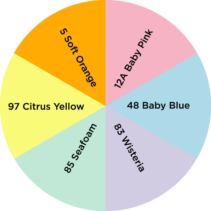 Palette / Unisex Pastels (6 Colors): 12A Baby Pink - 48 Baby Blue - 83 Wisteria - 85 Seafoam - 97 Citrus Yellow - 5 Soft Orange