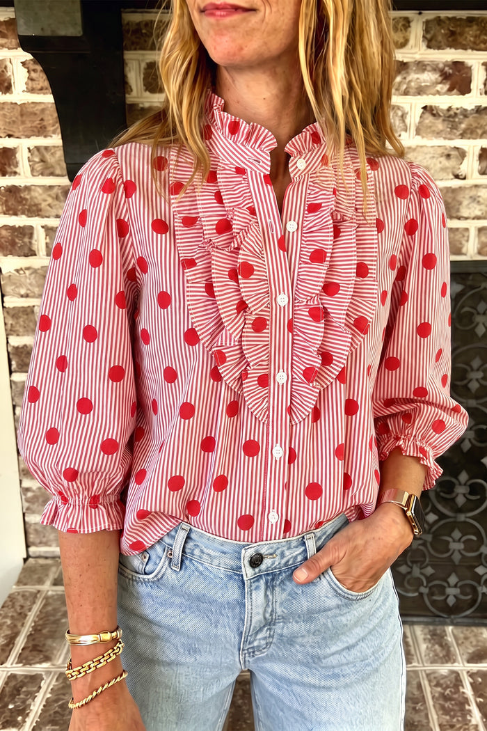 Fiery Red Polka Dot Striped Print Ruffle Stand Neck 3/4 Sleeve Shift Shirt 🇺🇸