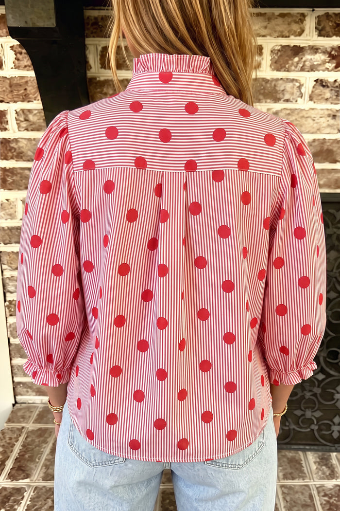 Fiery Red Polka Dot Striped Print Ruffle Stand Neck 3/4 Sleeve Shift Shirt 🇺🇸