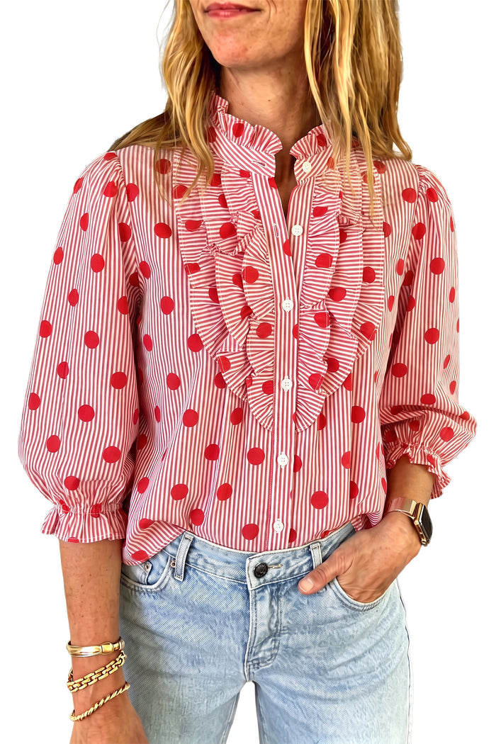 Fiery Red Polka Dot Striped Print Ruffle Stand Neck 3/4 Sleeve Shift Shirt 🇺🇸