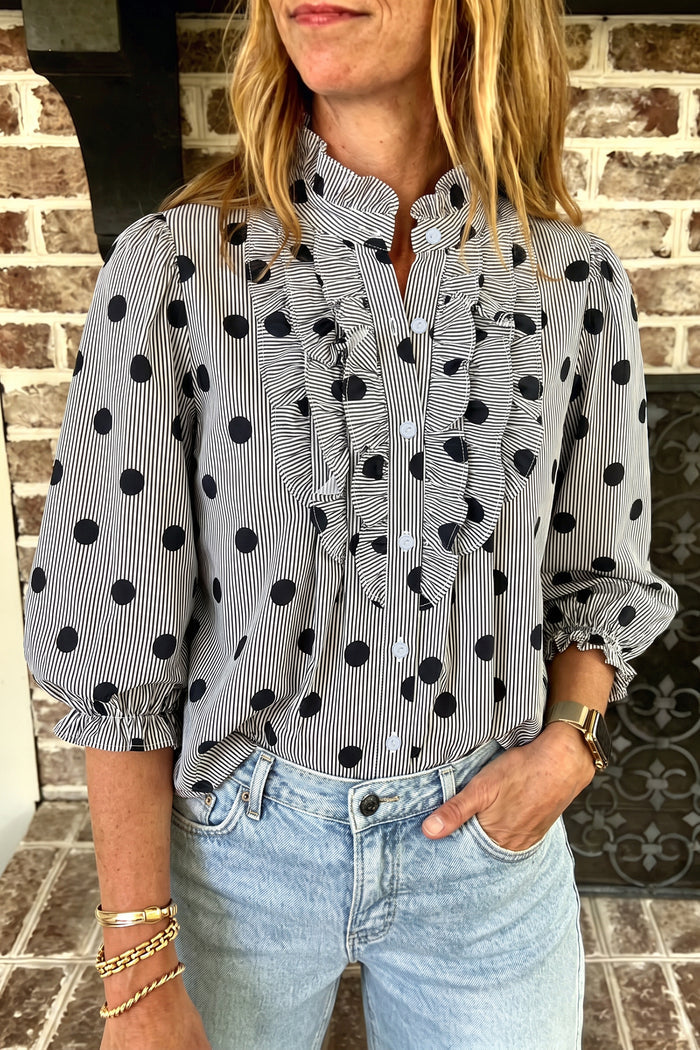 Fiery Red Polka Dot Striped Print Ruffle Stand Neck 3/4 Sleeve Shift Shirt 🇺🇸