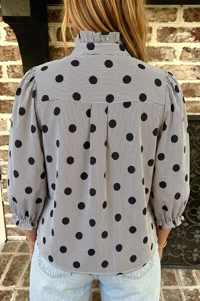 Fiery Red Polka Dot Striped Print Ruffle Stand Neck 3/4 Sleeve Shift Shirt 🇺🇸