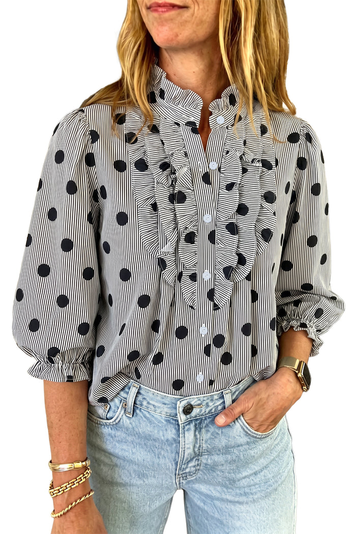 Fiery Red Polka Dot Striped Print Ruffle Stand Neck 3/4 Sleeve Shift Shirt 🇺🇸