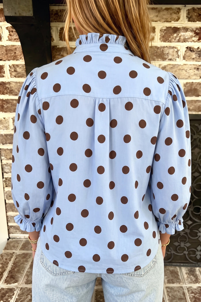 Fiery Red Polka Dot Striped Print Ruffle Stand Neck 3/4 Sleeve Shift Shirt 🇺🇸