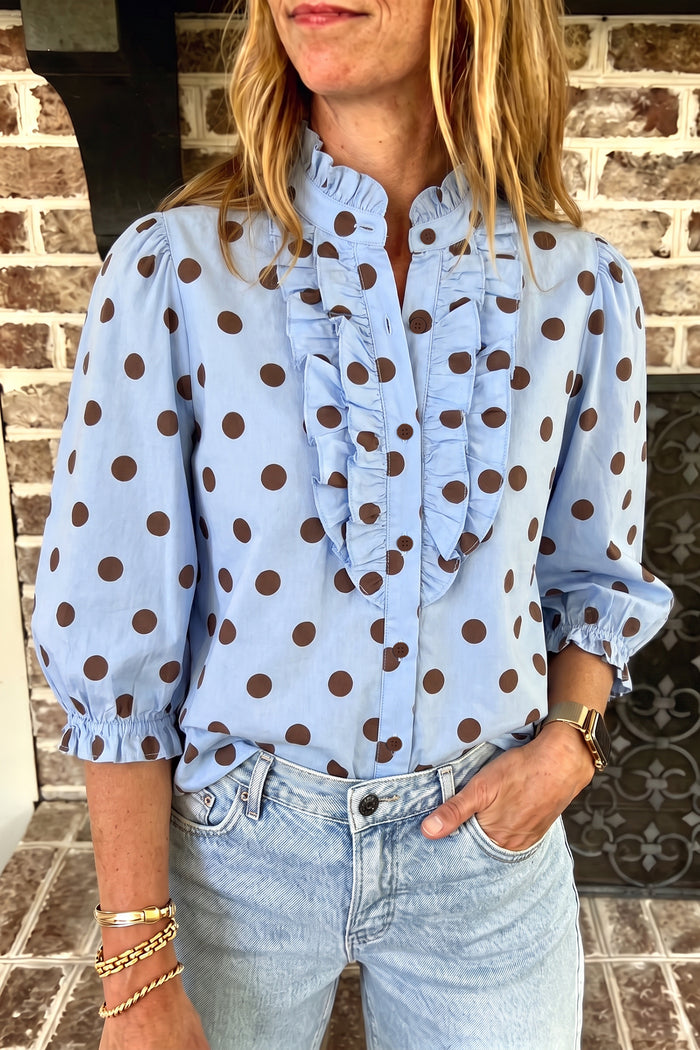 Fiery Red Polka Dot Striped Print Ruffle Stand Neck 3/4 Sleeve Shift Shirt 🇺🇸