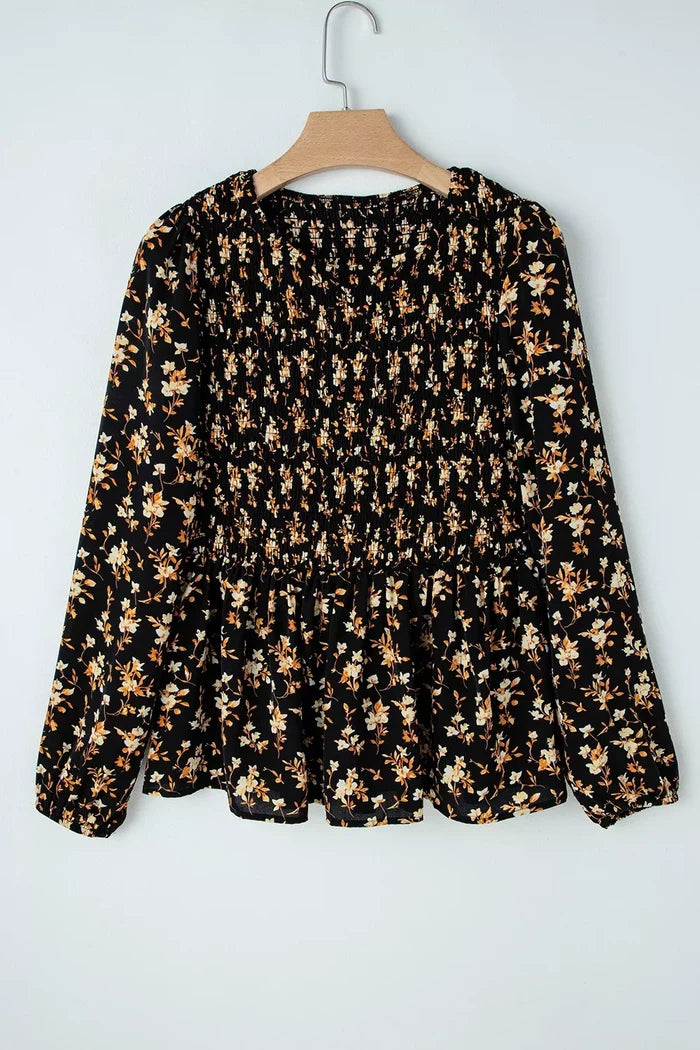Floral Print Smocked Waist Long Sleeve Blouse