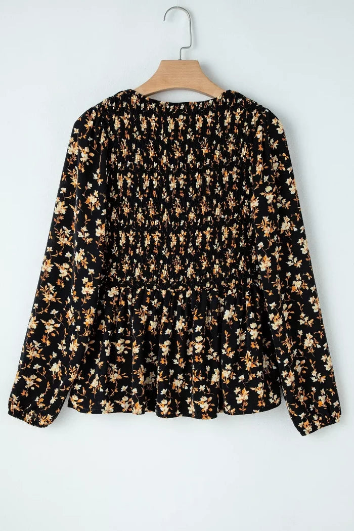 Floral Print Smocked Waist Long Sleeve Blouse