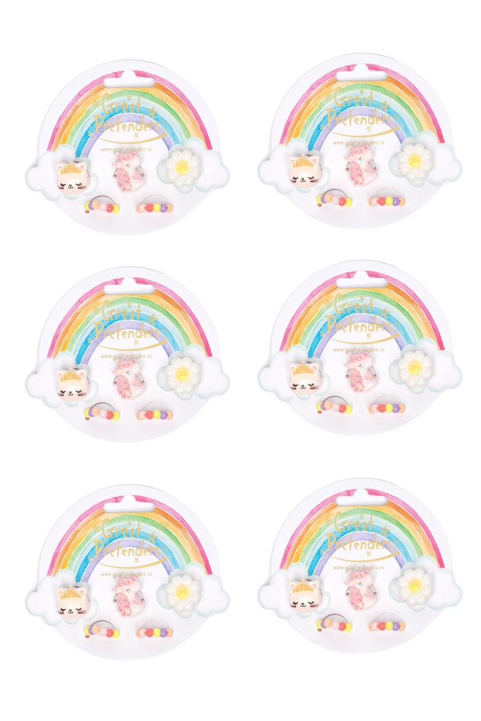 Flower, Kitty, Unicorn Elastic Ring Sets, Bundle of 6-Retail-Great Pretenders USA
