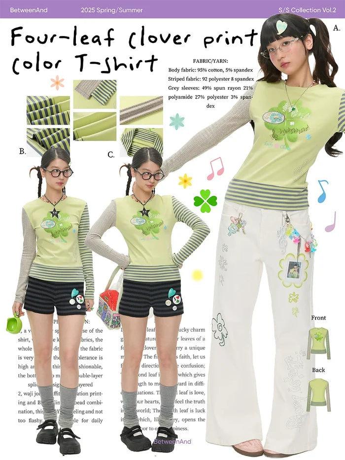 Four-leaf clover print green color long sleeve top