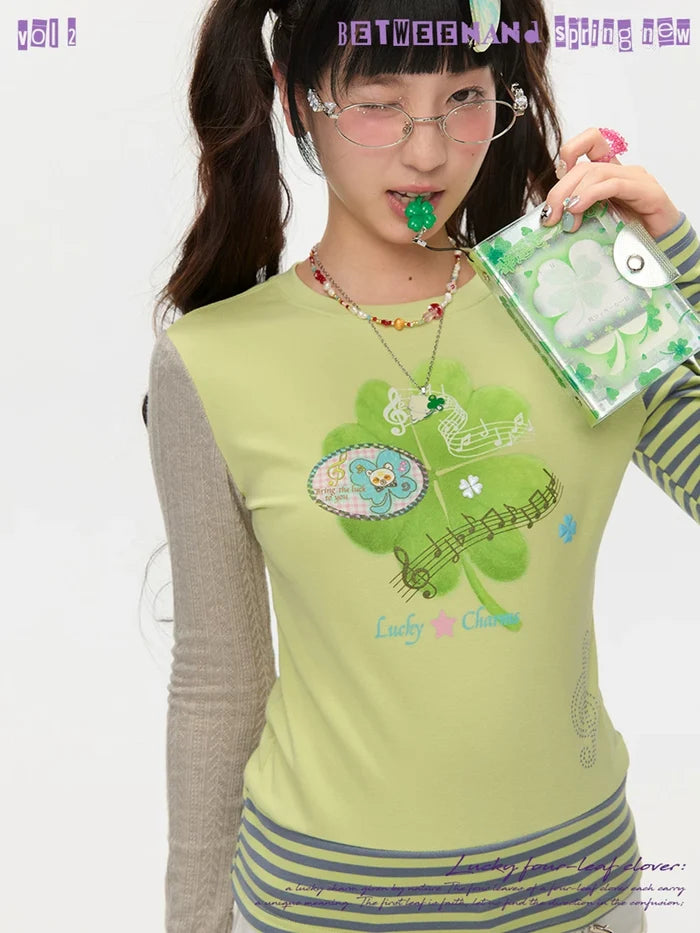 Four-leaf clover print green color long sleeve top