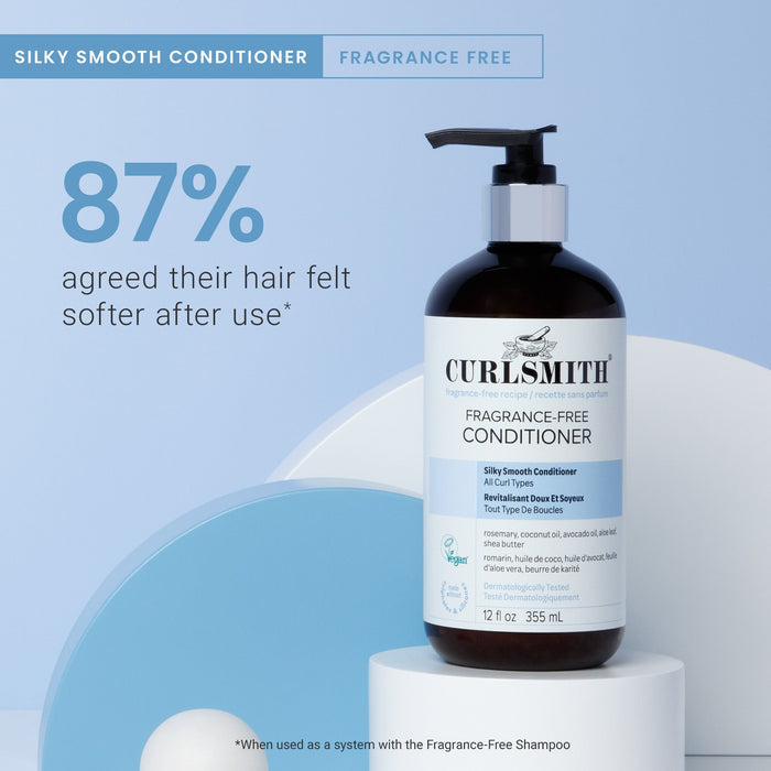 Curlsmith conditioner bottle on a light blue background with text about hair softness.