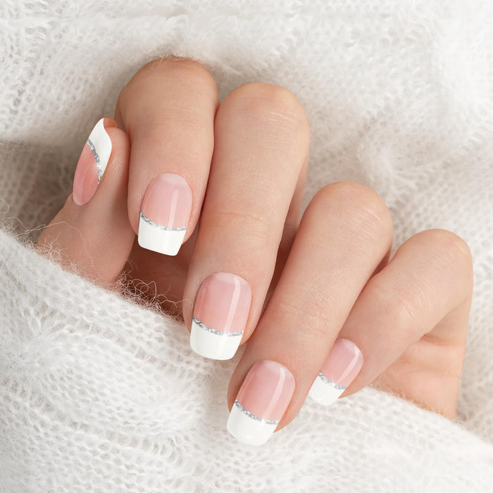 French White Edge Gel Nail Strips on Hand - White French Tip Semicured UV Nail Stickers