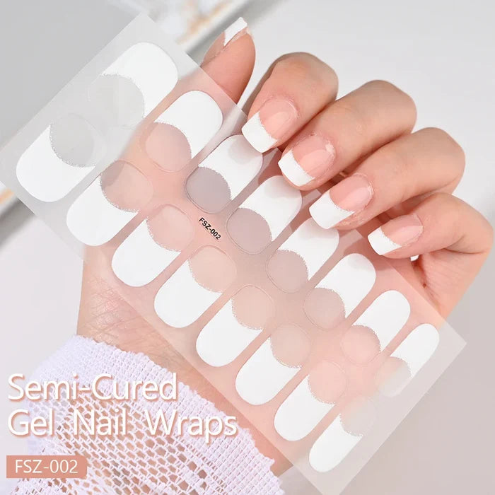 French White Edge Semi-Cured Gel Nail Wrap Detail - White French Tip Full Cover UV Nail Art