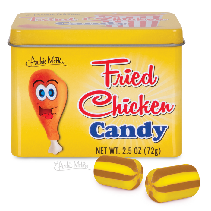 A yellow tin labeled Fried Chicken Candy catches the eye, showcasing two striped candies with a chicken flavor in the foreground.