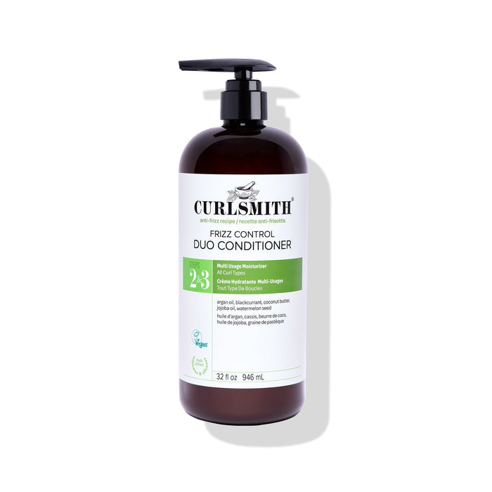 Curlsmith frizz control duo conditioner bottle on a white background