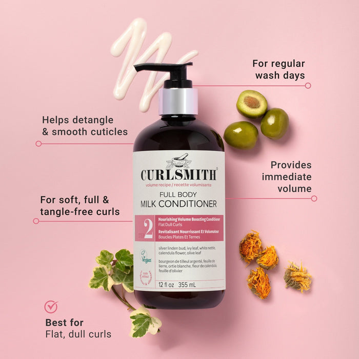Curlsmith full body milk conditioner bottle with olives and leaves on a pink background