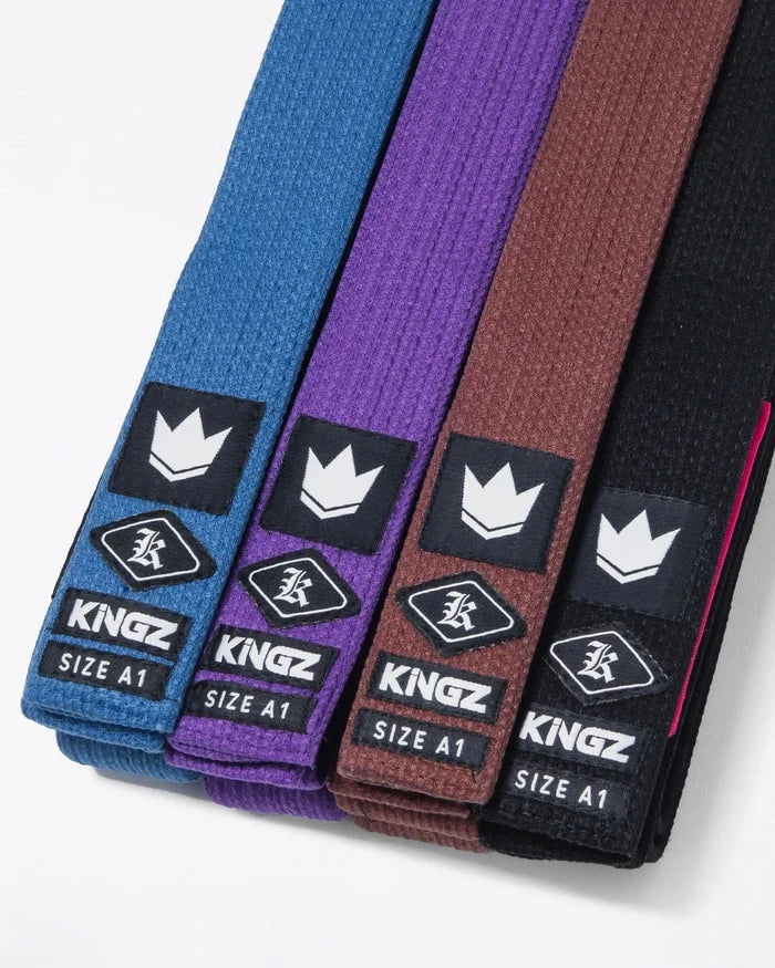 Kingz Gi Material Belt Assorted Colors - Close-Up Detail View Blue Purple Brown Black Crown Badge Kingz Logo Size A1 High Quality Cotton Texture BJJ Gi [color:Blue]
