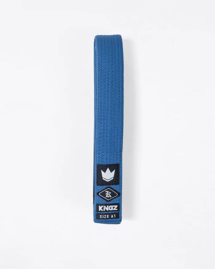 Kingz Gi Material Belt Blue - Flat Lay Product Only Blue Belt Crown Badge Kingz Logo Black Label Size A1 High Quality Cotton BJJ Gi Training [color:Blue]