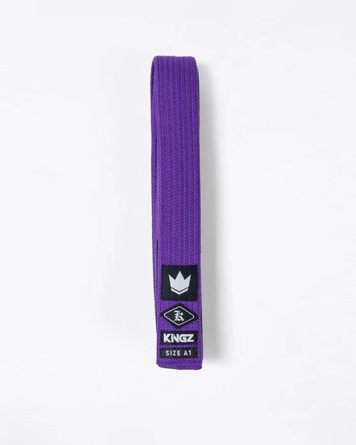 Kingz Gi Material Belt Purple - Flat Lay Product Only Purple Belt Black Crown Badge Kingz Logo Size A1 Tag Durable Stitching BJJ Gi Training [color:Purple]