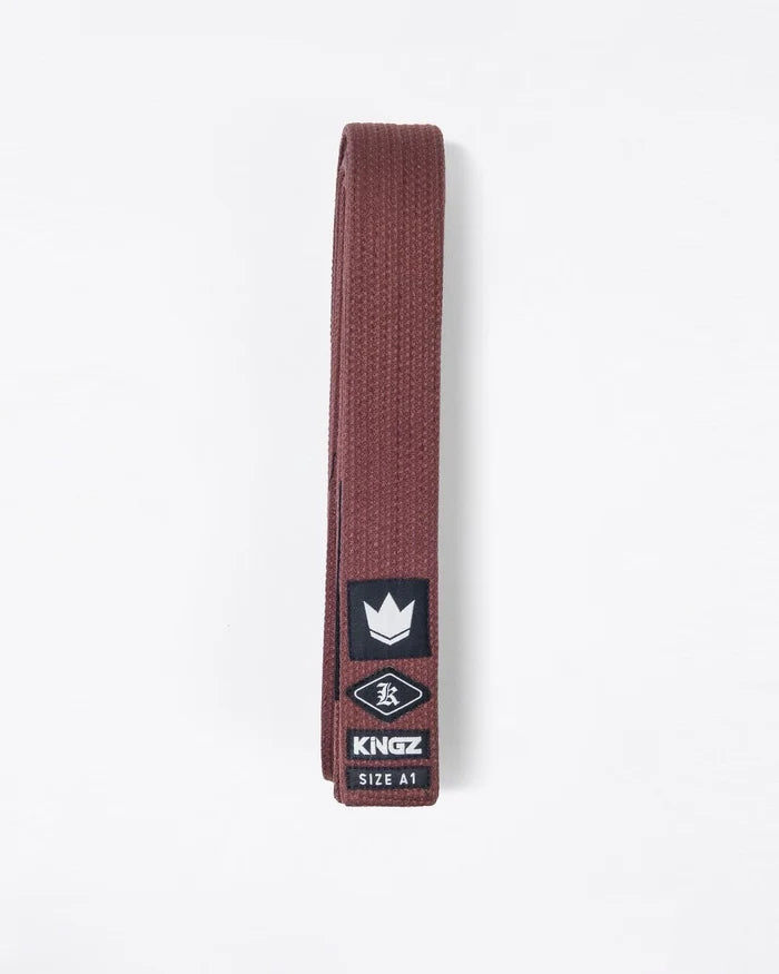 Kingz Gi Material Belt Brown - Flat Lay Product Only Crown Badge Kingz Logo Black Label High Quality Cotton BJJ Rank Belt [color:Brown]