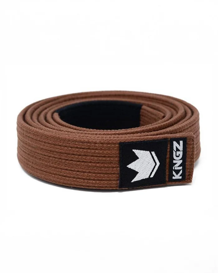 Kingz Gi Material Premium V2 Belt - Brown Belt Coiled View - Pearl Weave Cotton BJJ Rank Belt