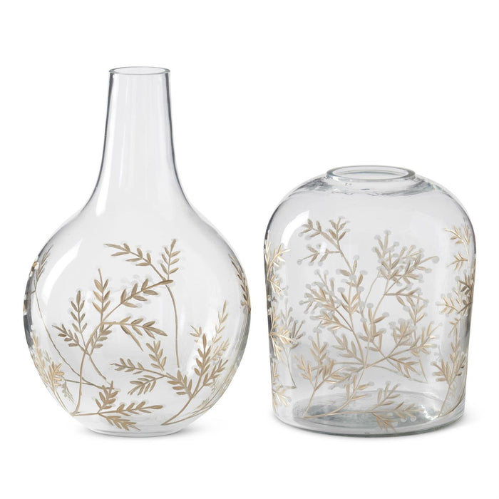 Gold Gilded Floral Etched Clear Glass Vases