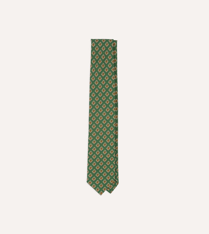 Green Tile Medallion Print Silk Self Tipped Tie