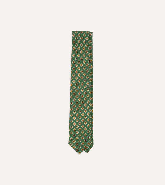 Green Tile Medallion Print Silk Self Tipped Tie