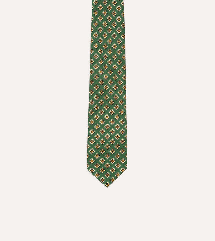 Green Tile Medallion Print Silk Self Tipped Tie