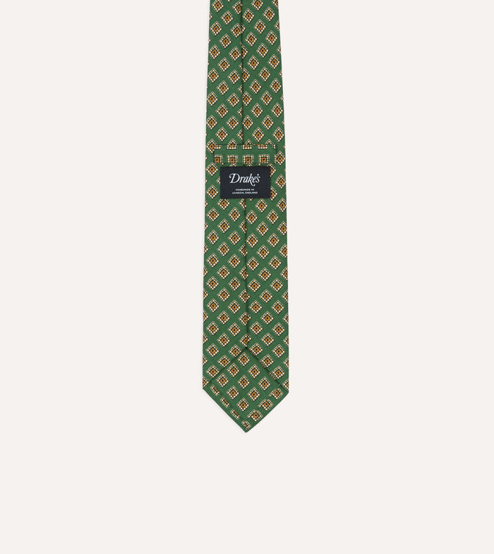 Green Tile Medallion Print Silk Self Tipped Tie