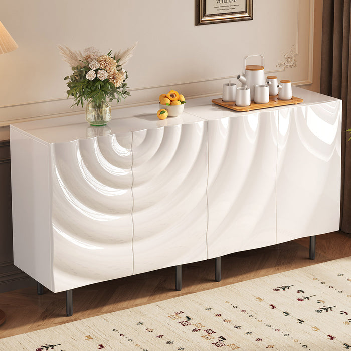 Guyii Modern Ripple Door Sideboard Buffet Cabinet Set – High-Gloss White Storage with Gold Metal Legs