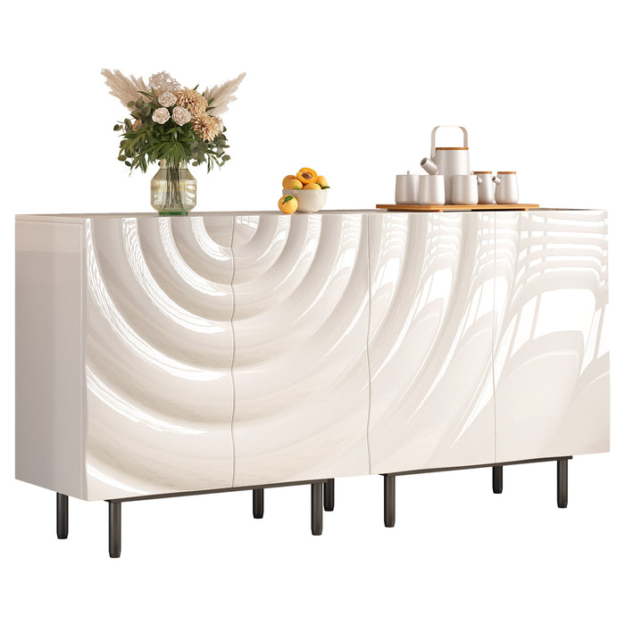 Guyii Modern Ripple Door Sideboard Buffet Cabinet Set – High-Gloss White Storage with Gold Metal Legs