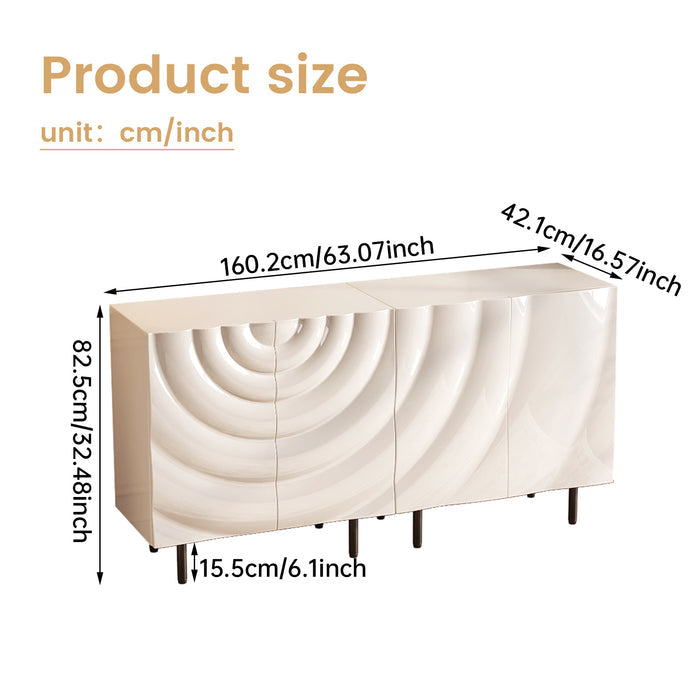 Guyii Modern Ripple Door Sideboard Buffet Cabinet Set – High-Gloss White Storage with Gold Metal Legs