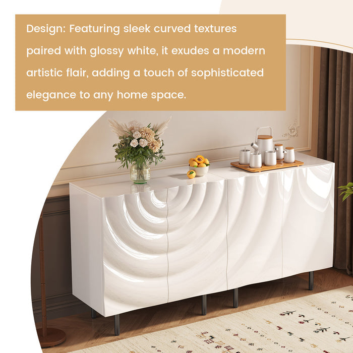Guyii Modern Ripple Door Sideboard Buffet Cabinet Set – High-Gloss White Storage with Gold Metal Legs