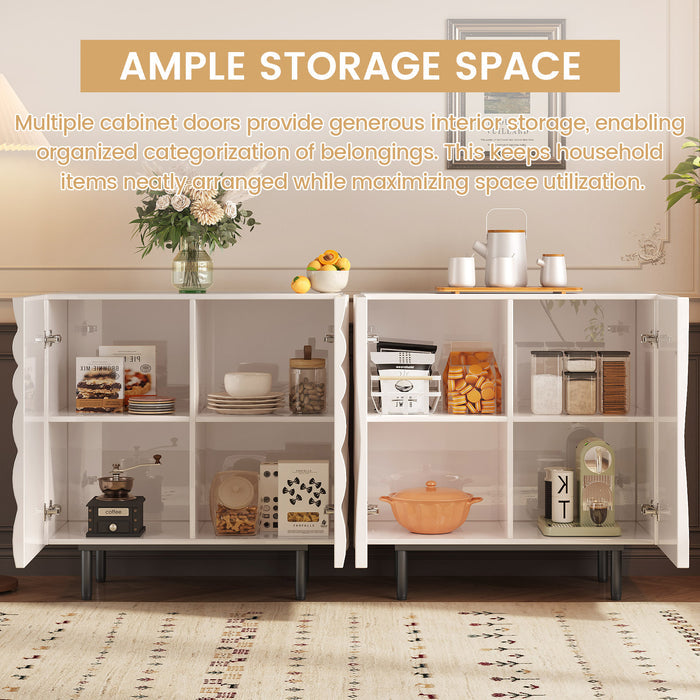 Guyii Modern Ripple Door Sideboard Buffet Cabinet Set – High-Gloss White Storage with Gold Metal Legs