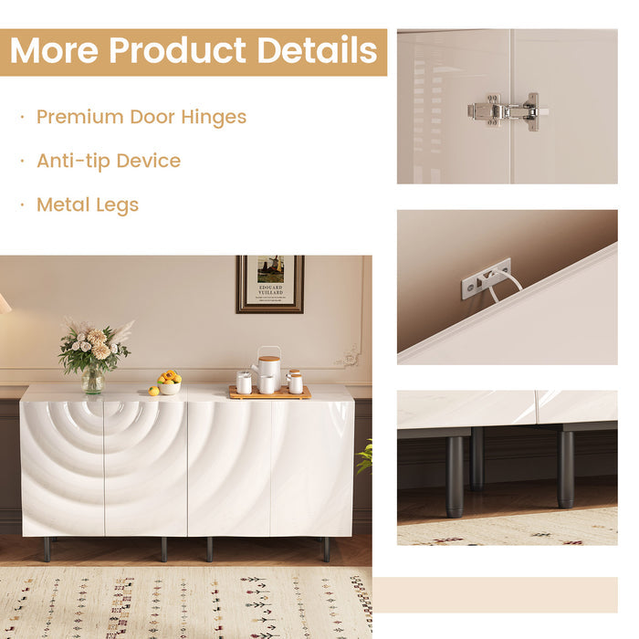 Guyii Modern Ripple Door Sideboard Buffet Cabinet Set – High-Gloss White Storage with Gold Metal Legs