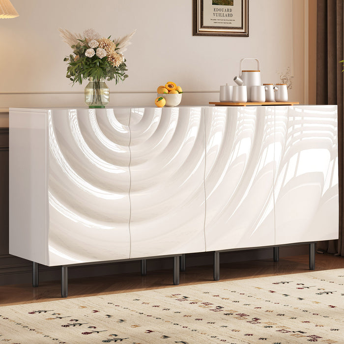 Guyii Modern Ripple Door Sideboard Buffet Cabinet Set – High-Gloss White Storage with Gold Metal Legs
