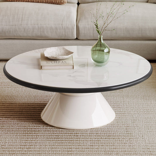 Guyii Modern Round Coffee Table with Stone-Effect Glass Top – Cream White Pedestal Center Table for Living Room