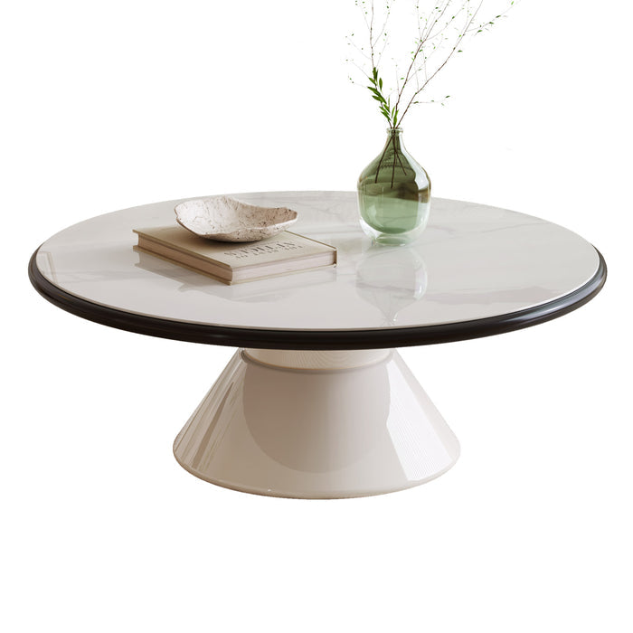 Guyii Modern Round Coffee Table with Stone-Effect Glass Top – Cream White Pedestal Center Table for Living Room