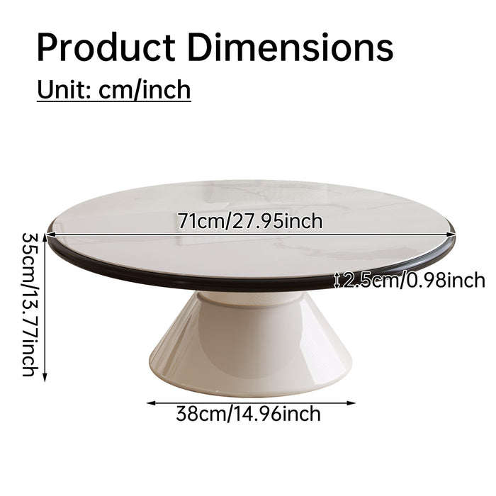 Guyii Modern Round Coffee Table with Stone-Effect Glass Top – Cream White Pedestal Center Table for Living Room