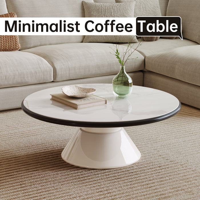 Guyii Modern Round Coffee Table with Stone-Effect Glass Top – Cream White Pedestal Center Table for Living Room