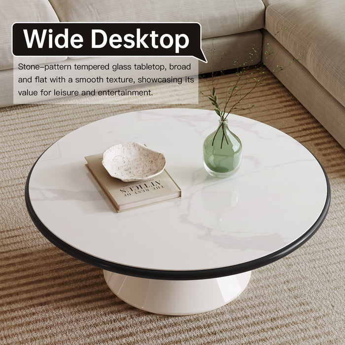 Guyii Modern Round Coffee Table with Stone-Effect Glass Top – Cream White Pedestal Center Table for Living Room