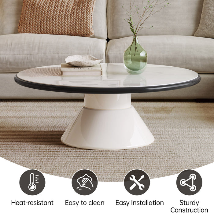 Guyii Modern Round Coffee Table with Stone-Effect Glass Top – Cream White Pedestal Center Table for Living Room