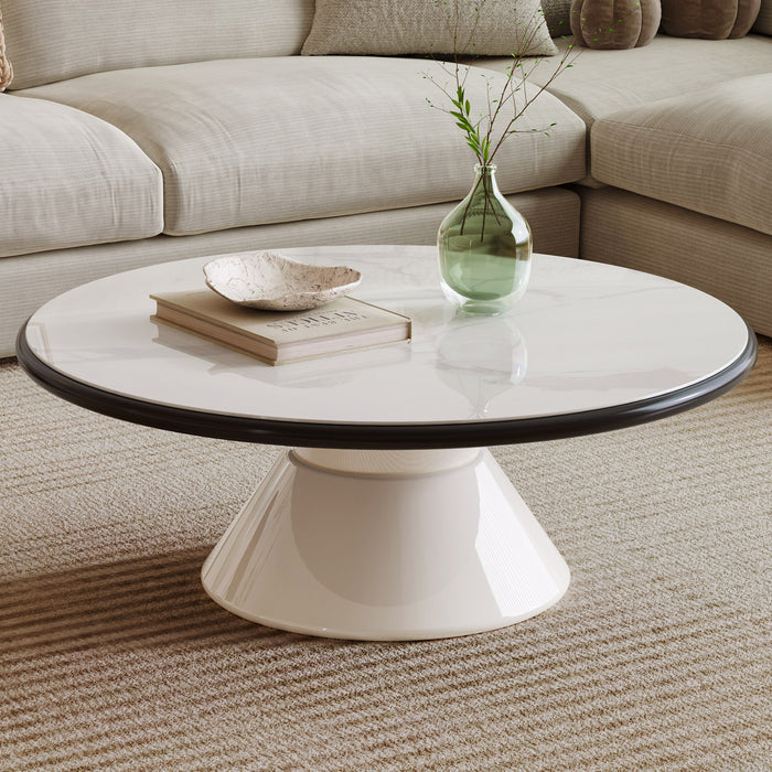 Guyii Modern Round Coffee Table with Stone-Effect Glass Top – Cream White Pedestal Center Table for Living Room