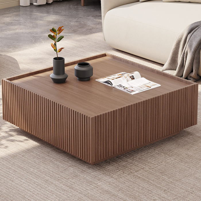Guyii Walnut Square Coffee Table with Hidden Drawers for Living Room