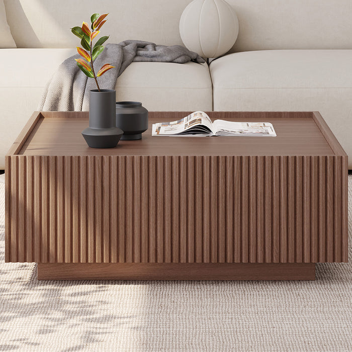 Guyii Walnut Square Coffee Table with Hidden Drawers for Living Room
